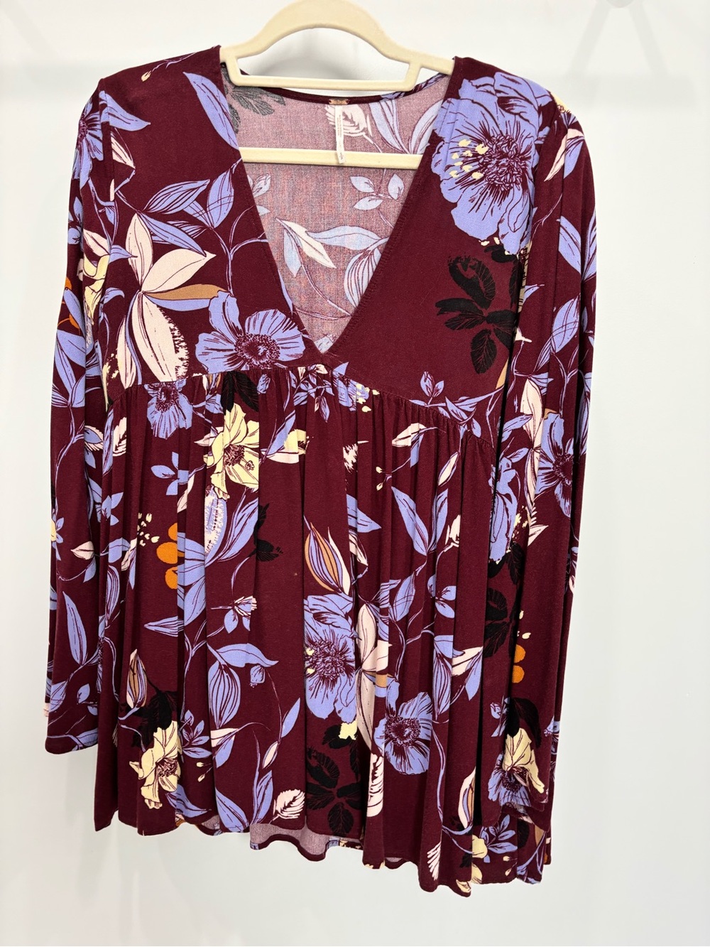 Free People Burgundy Floral V-Neck Long Sleeve Top